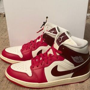 Women Air Jordan 1 Mid Sneakers - Sail/ Dark Team Red/ violent